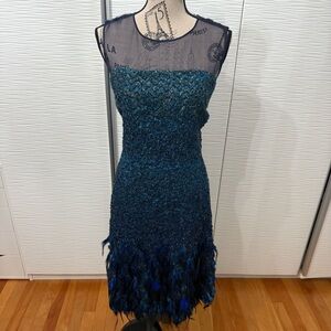 Elie Tahari Teal Feathered Midi Dress -New